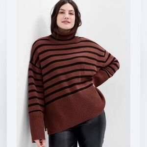 Gap Factory 24/7 Split-Hem Stripe Turtleneck Sweater Sise Large Neutral Stripe